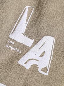 Manfinity Homme Men's Casual Holiday Daily White Color Block Stripes Contrast Khaki Texture Pleated Jacquard Fabric With Oversized Hot-Selling Slogan Print Double-Breasted Short-Sleeved Shorts Shirt For Men, Very Suitable For Music Festivals And Daily Wear, And Also A Great Gift For Boyfriend Or Husband. - Khaki - View 6