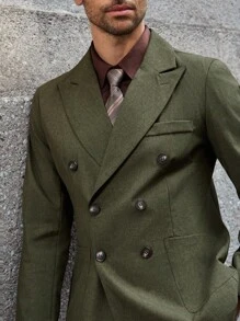 Calvornis Bộ quần áo vest nam cổ đứng màu trơn đơn giản cài hai hàng khuy và áo khoác - Màu xanh Ô liu - Xem 6