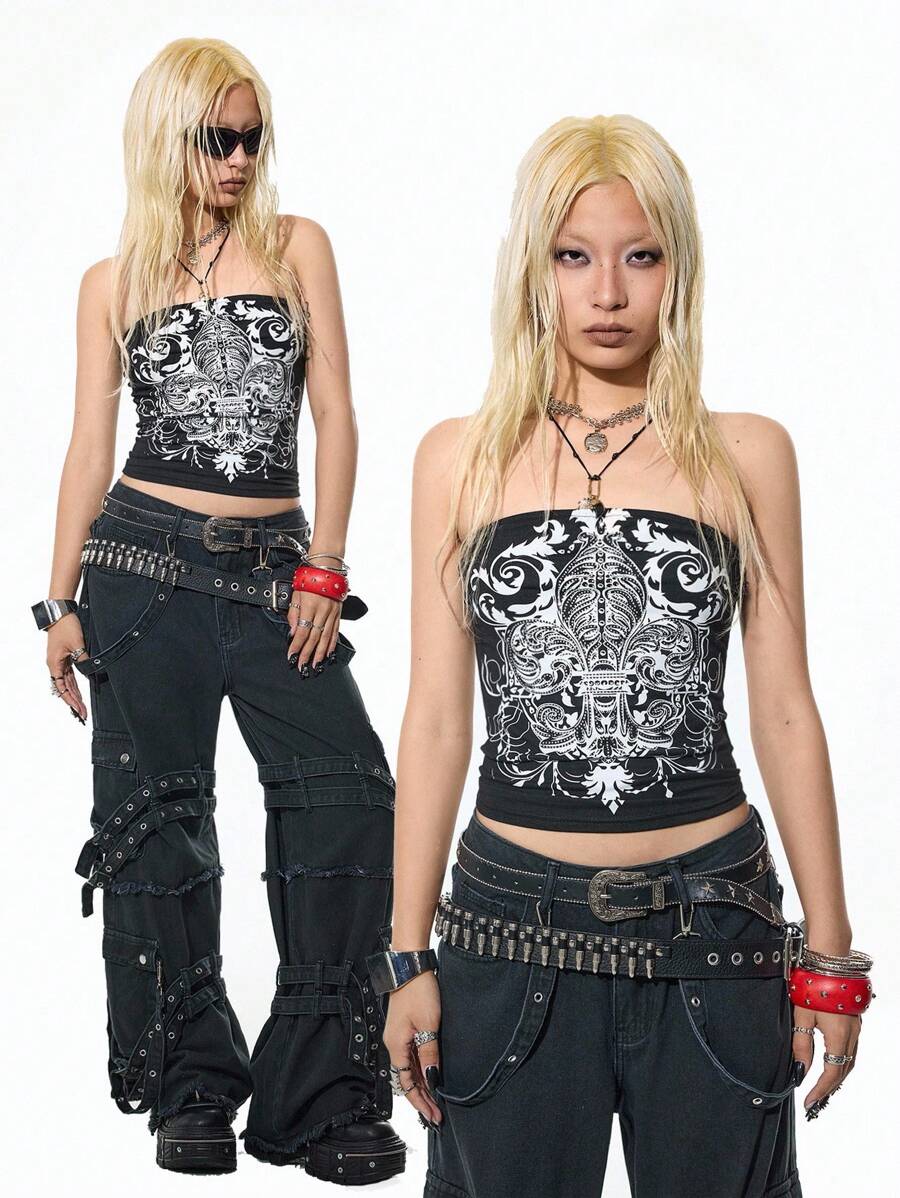 SHEIN HypeZone 女士 Y2K 花卉印花褶饰短款抹胸 - 黑色 - 查看 1