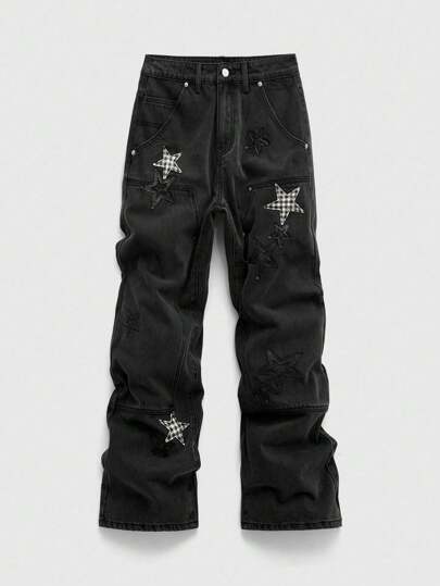 Street Life Jeans a zampa d'elefante casual da uomo con toppe a quadri e stelle per uso quotidiano