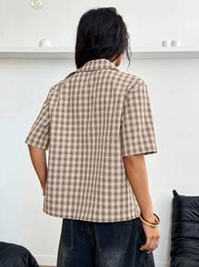 SHEIN HypeZone Streetwear Women's Plaid Zip Pocket Short Sleeve Shirt - Khaki - View 2
