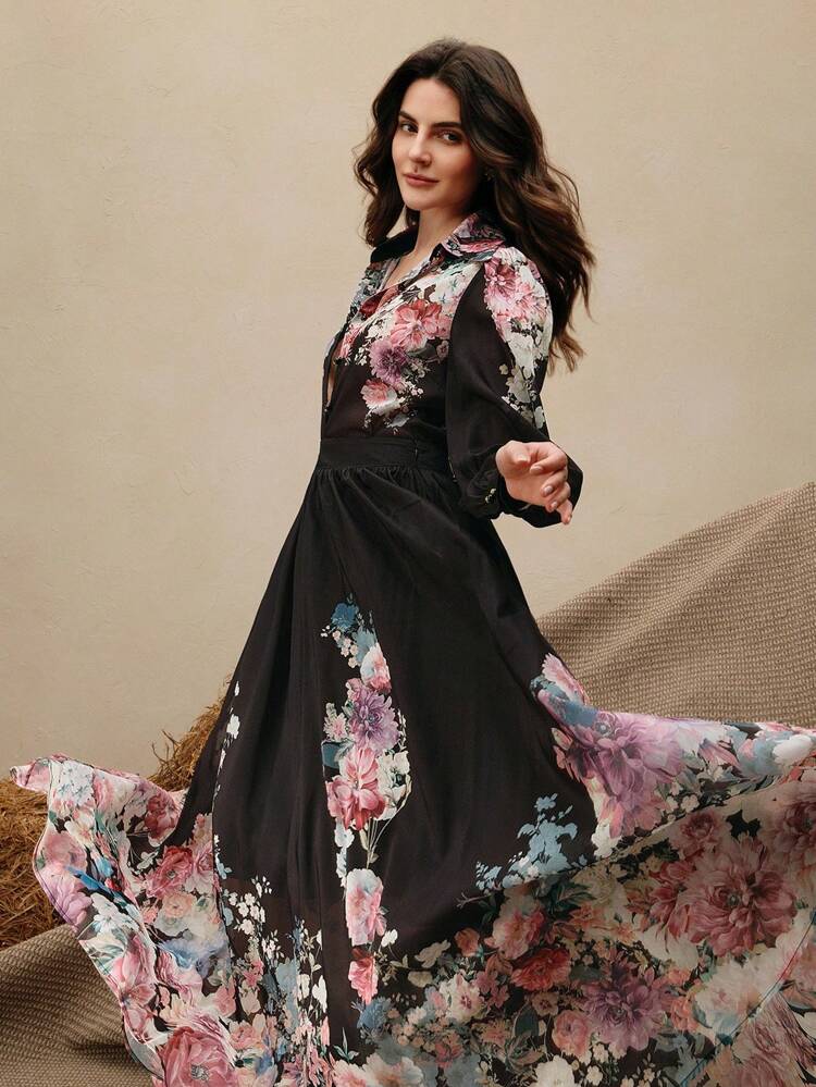 Autumn New Floral Pattern 2 Pieces Set, Shirt + Long Skirt Suit