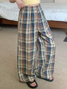 DAZY 格子宽松阔腿裤，女士家居服下装，秋季睡衣 - 藍色 - 查看 1