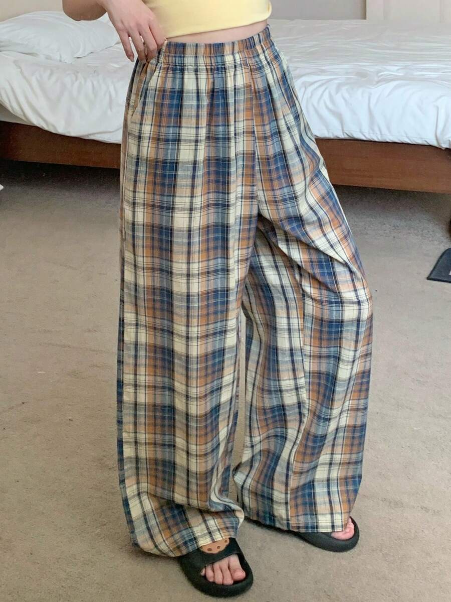 DAZY 格子宽松阔腿裤，女士家居服下装，秋季睡衣 - 藍色 - 查看 1
