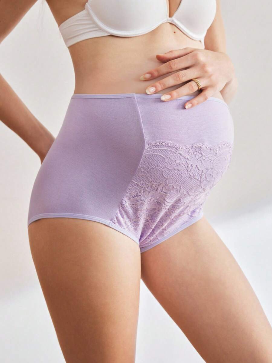 BloomMama 高腰、腹部支撑、蕾丝拼接、舒适孕妇内衣，适合孕中后期和孕早期 - 紫色 - 查看 1