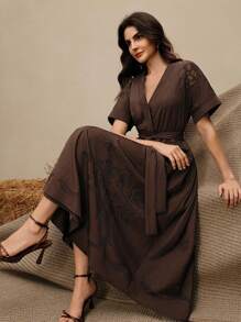 Anewsta Women's Fashionable Elegant Hollow Embroidery Dress - Coffee - View 5