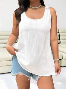 Solflare Plus Size White Embroidered Floral Back See-Through Tank Top - White - View 2