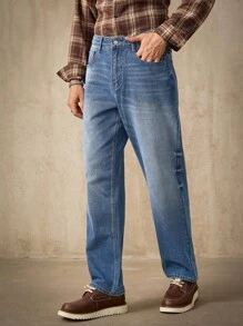 Manfinity Homme 男士中蓝色宽松直筒牛仔裤 - 中等水洗藍 - 查看 3