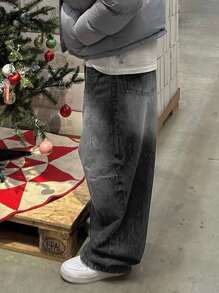 DAZY 男士纯色深灰色水洗做旧牛仔裤，秋季，Emo 风格 - 黑色 - 查看 5