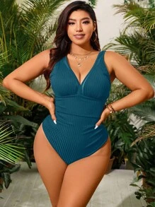 Swim Lushoire 大码女式连体纯色泳衣 - 藏蓝色 - 查看 4