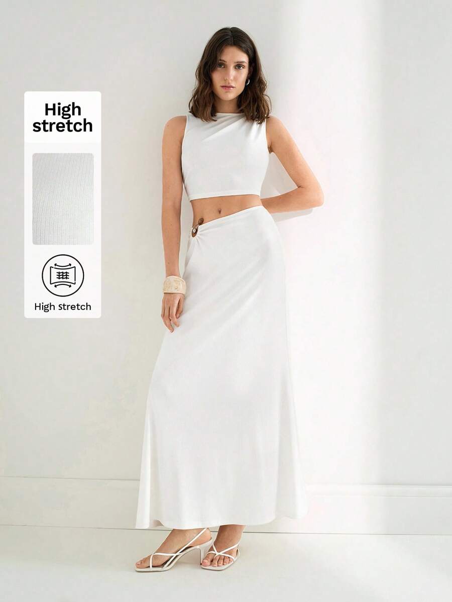 Maija Conjunto de 2 piezas de mujer para el verano con blusa de punto sin mangas con adorno de drapeado en los hombros y falda elegante con cintura elástica y ribete lateral - Blanco - Ver 1