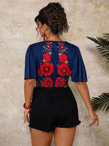 Travachic 大码花卉印花短款衬衫，休闲度假装 - 藏蓝色 - 查看 6