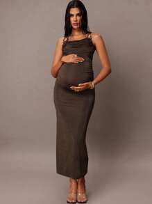 MaterniChic 孕妇装女士紧身蕾丝镂空花卉印花棕色金属扣高开衩连衣裙，适合春夏季度假