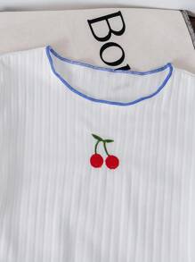 SHEIN Genkimix Kids Young Girls Cherry Print Short Sleeve T-Shirt And Plaid Pants Casual Outfit,Gingham Summer Family Matching Kids Set - Multicolor - View 7