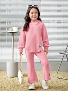 SHEIN Bộ 2 áo hoodie và quần nỉ có viền bất đối xứng cho bé gái - Xám - Xem 5