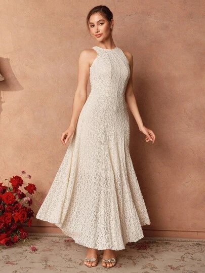 Anewsta Savoree Elegant, Graceful, Soft Elegant Sleeveless Heavily Embroidered Lace Dress