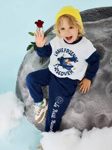 LE PETIT PRINCE X SHEIN Young Boy Cartoon Fox Pilot Pattern Colorblock Loose Sweatshirt And Pants Set, Autumn/Winter - Blue and White - View 4