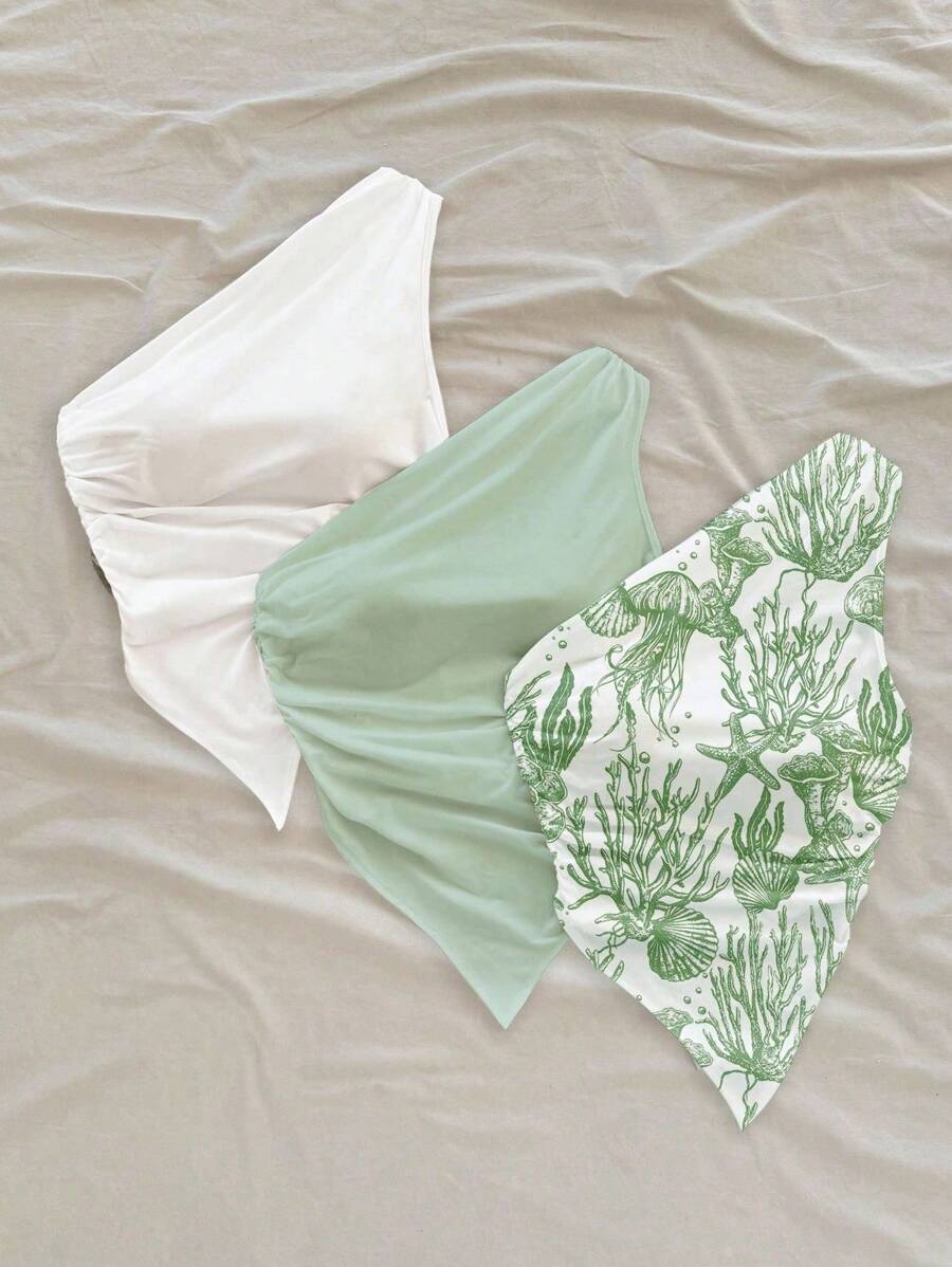 Soleia 3 Set WYWH Women Casual One-Shoulder Crinkle Ruched Asymmetrical Hem Fitted Top, Ocean Animal Print, Blue Print, Pack Of 3 Suitable For Going Out - Multicolor - View 1