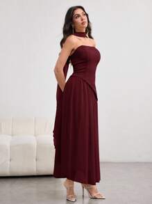 NOVVYNE 女式不对称荷叶边下摆露背连衣裙，优雅魅力，浅黄色，春夏 - 酒紅色 - 查看 6