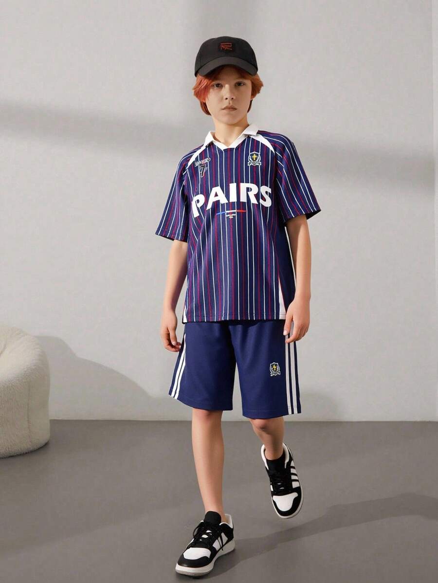 Explorewe 2pcs/Set Tween Boys' Football Graphic Polo T-Shirt & Loose Sports Shorts,Navy Blue,Summer,Casual,School,Back-To-School Fashionable Outfit For Kids - Multicolor - View 1