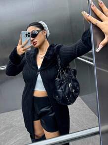 SHEIN EZwear Plus Borg Collar Fuzzy Cuff Coat, For Winter Fall Autumn - Black - View 6