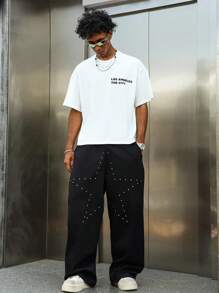 Manfinity Streetrush Pantalones de pierna ancha con cordón en la cintura, bolsillos y tachuelas con forma de pentagrama para hombres