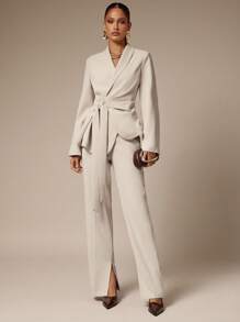 Silquee 女士纯色披肩领长袖优雅西装外套，秋季服装，返校服装，复古风格女性，商务休闲女性，女士办公室服装，外出服装，女士工作服，女士约会夜服装，白色系带西装外套，女士秋季服装 - 卡其色 - 查看 8