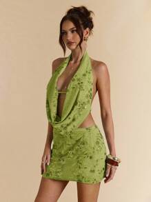 SHEIN BAE Áo cánh cổ xếp nếp đính sequin hoa thời trang gợi cảm cho nữ - Màu xanh Ô liu - Xem 3