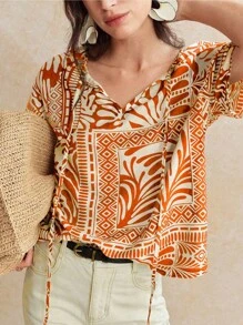 Écloséra Áo sơ mi nữ buộc dây phiên bản H bằng vải lanh giả in họa tiết cổ điển kiểu Pháp - Màu Cam san hô - Xem 3