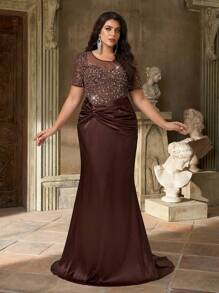Aureia Plus Size Elegant Romantic Dark Brown Round Neck Sheer Sweetheart Neckline Luxury Beaded Hand-Embellished Sleeve Tassel Chain Satin Mermaid Hem With Train Dress, Suitable For Wedding, Party, Celebration Events, Formal Evening Gown - Coffee Brown - View 8