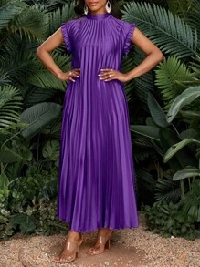 SHEIN Lady 姜黄色缎面褶皱小飞袖中长款女士连衣裙宽松休闲度假优雅派对四季生日活动连衣裙/办公室连衣裙/婚纱/节日连衣裙/ - 紫色 - 查看 4