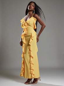 NYA SZN 连衣裙 V 领低胸荷叶边细节早午餐特殊场合生日度假海滩婚礼宾客新娘派对春夏长款女式连衣裙