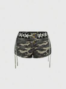 ROMWE Grunge Punk Y2K Sexy Ultra Low Waist Camouflage Denim Super Short Shorts With Lace-Up Design - Multicolor - View 1