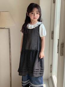 Dazy Kids Young Girl Polka Dot Print Ruffle Hem Sleeveless Dress - Black - View 6