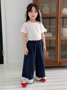 Dazy Kids 年轻女孩撞色蕾丝拼布阔腿牛仔裤 - 藍色 - 查看 7