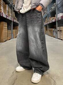 DAZY 男士纯色深灰色水洗做旧牛仔裤，秋季，Emo 风格 - 黑色 - 查看 3