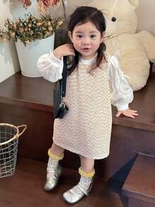 DAZY 2件套女婴圆领缀饰连衣裙和休闲蝴蝶结衬衫套装