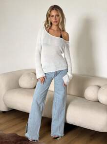 SHEIN ICON 休闲半透明修身纯色女式毛衣秋冬女装 - 白色 - 查看 4
