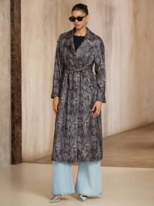 Avenne Women's Vintage Snake Skin Print Lapel Collar Double-Breasted Long Windbreaker Jacket, Fashion Casual Commuting Coat Fall Winter Cloth For Women