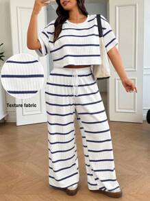 SHEIN EZwear Plus Size Striped T-Shirt And Casual Pants 2 Pieces Set, Summer - Multicolor - View 7
