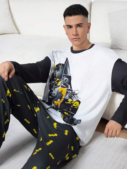 BATMAN X SHEIN 图形拼色圆领长袖上衣和裤子家居服套装