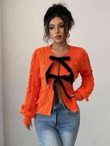 Elenzga Áo khoác len cardigan nữ, thiết kế mùa thu mới, buộc dây phía trước, họa tiết, tối giản - trái cam - Xem 4