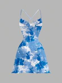 SHEIN MOD 休闲优雅蓝白花卉印花垂坠领无袖迷你连衣裙，适合夏季度假 - 彩色 - 查看 2