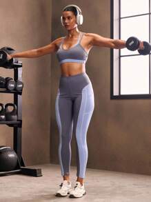 Powerista Damen Kontrast-Farbblock Sport-BH - Blau - Übersicht 6