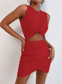 Breezaya Women's Solid Color Twist Waist Cutout Ruched Sexy Sleeveless Mini Dress - Red - View 6