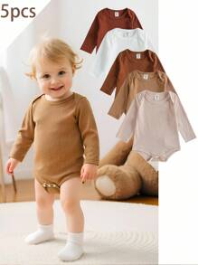 SHEIN Playful Pals 5-Piece Unisex Baby Long Sleeve Bodysuit Set, Multi-Color, Suitable For Everyday Wear, Outings, Home, Vacation, Picnics, Parties, Suitable For Spring, Summer, Autumn Seasons, Fall Clothes Winter - Multicolor - View 3