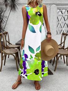 Breezaya 女士花卉印花圆领无袖宽松优雅别致连衣裙长款女装 - 彩色 - 查看 5