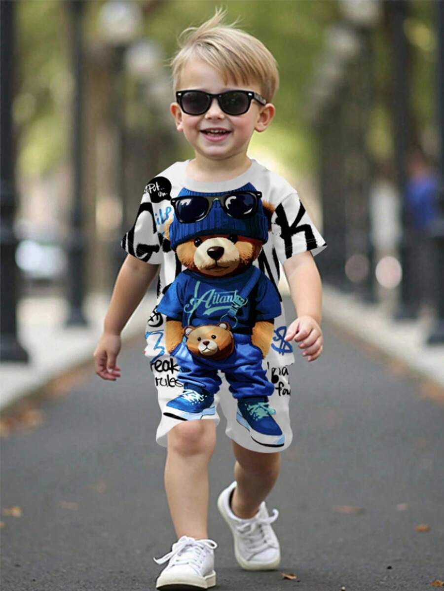 SHEIN Fashionable Young Boy's Summer Set: Cartoon Bear Graphic Tee And Shorts Outfit (2 Pieces) - White - View 1