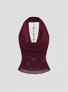 Sweetra 性感低胸褶饰腰部独特设计甜美辣味风格女式背心 - 酒紅色 - 查看 1