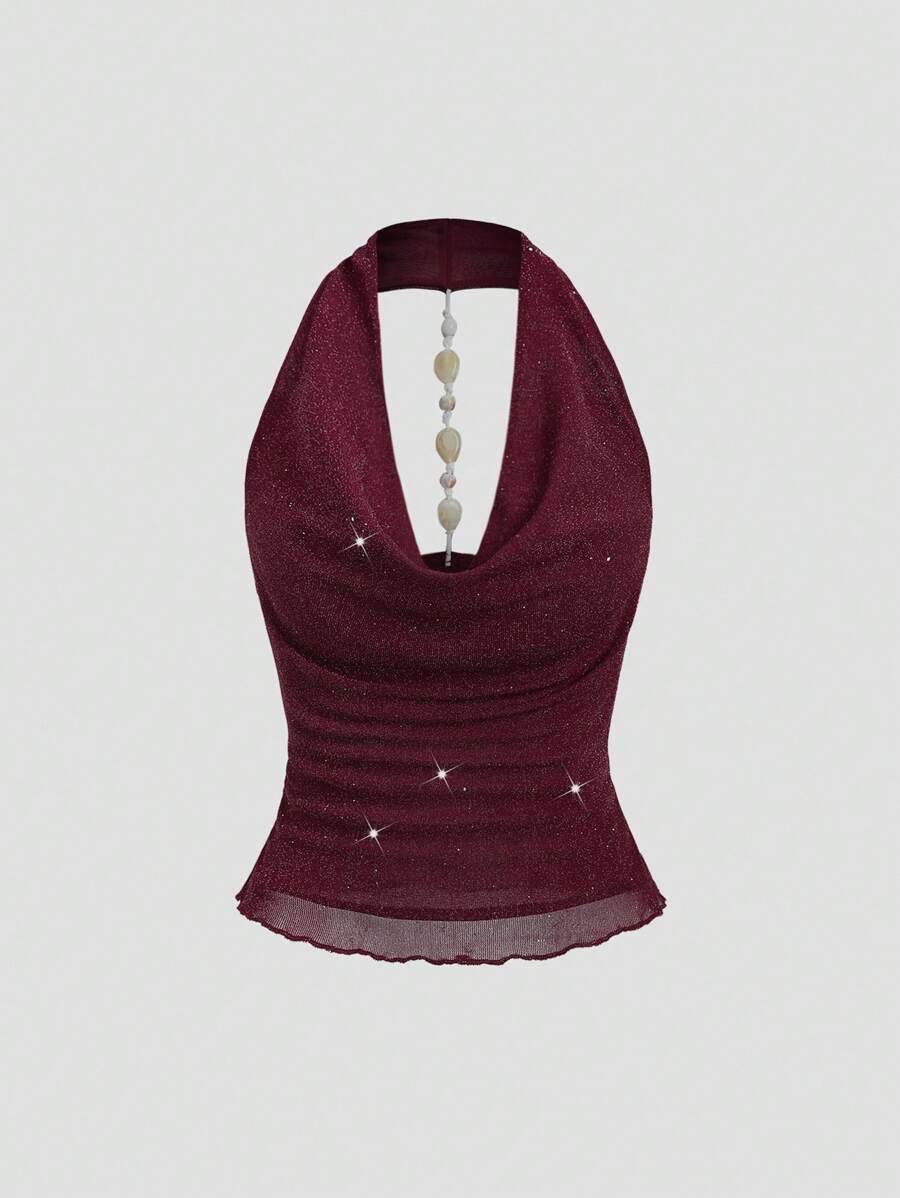 Sweetra 性感低胸褶饰腰部独特设计甜美辣味风格女式背心 - 酒紅色 - 查看 1